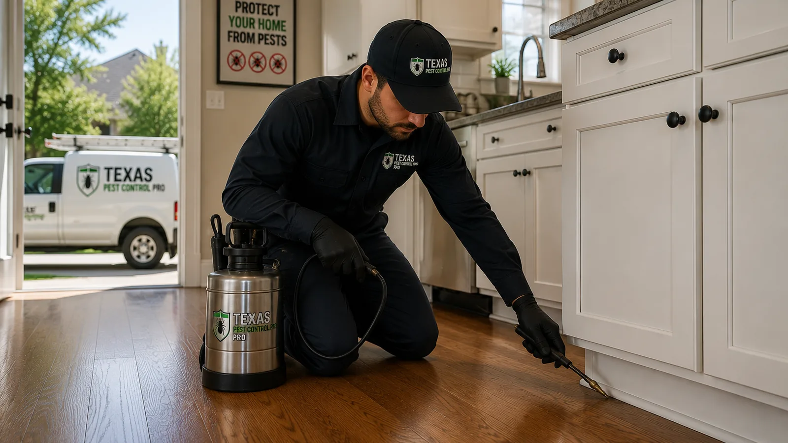 Pest control technician treating a home interior in Texas