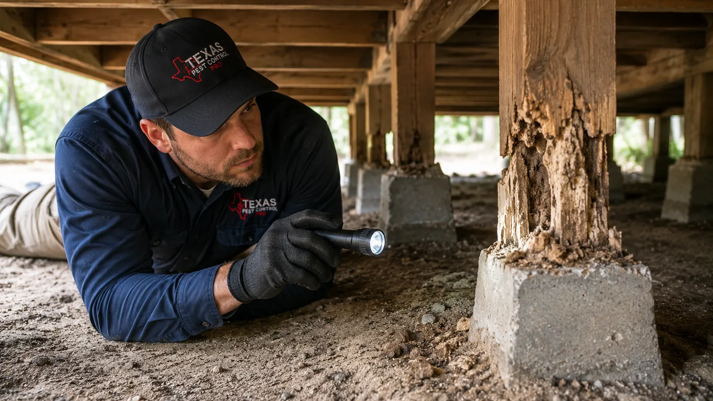 Termite inspector examining damaged wood beneath a Texas home